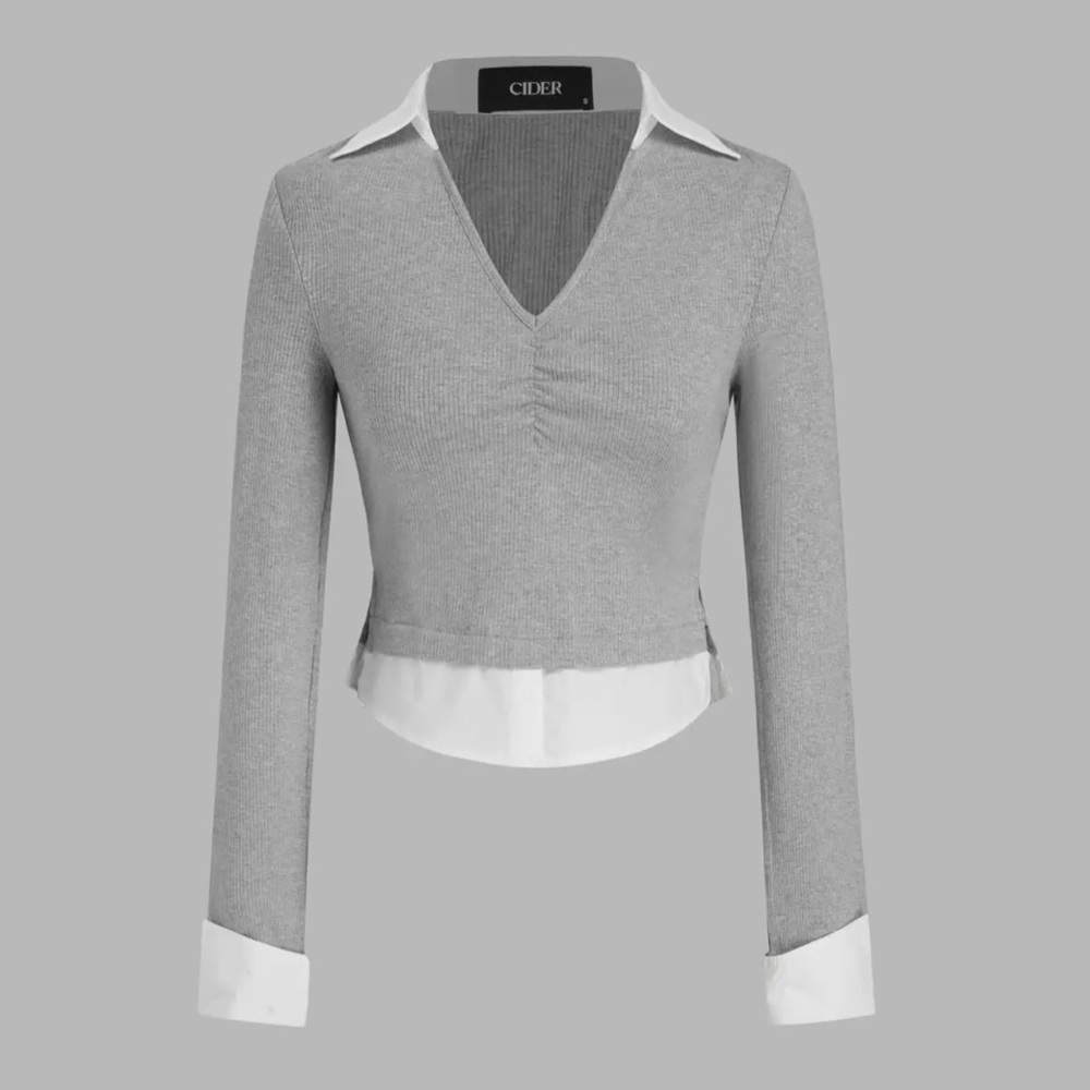 100% COTTON COLLAR TWO TONE LONG SLEEVE TEE